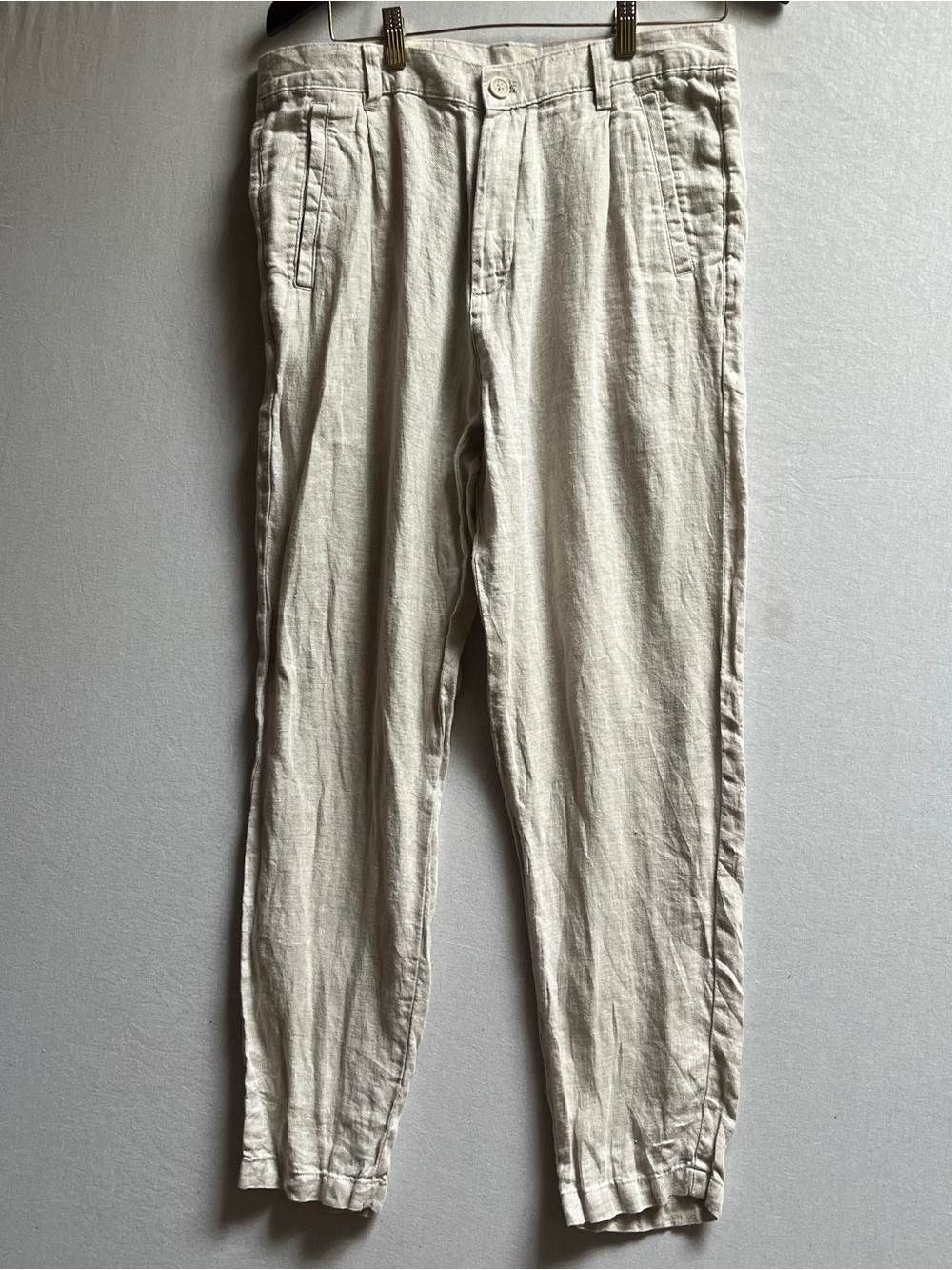 Zara Men's 100% Linen Pleated Tapered Trousers Light Beige Size 32